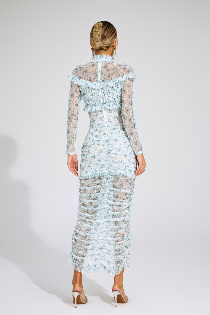 Nell Blue Ruched Floral Long Sleeve Dress