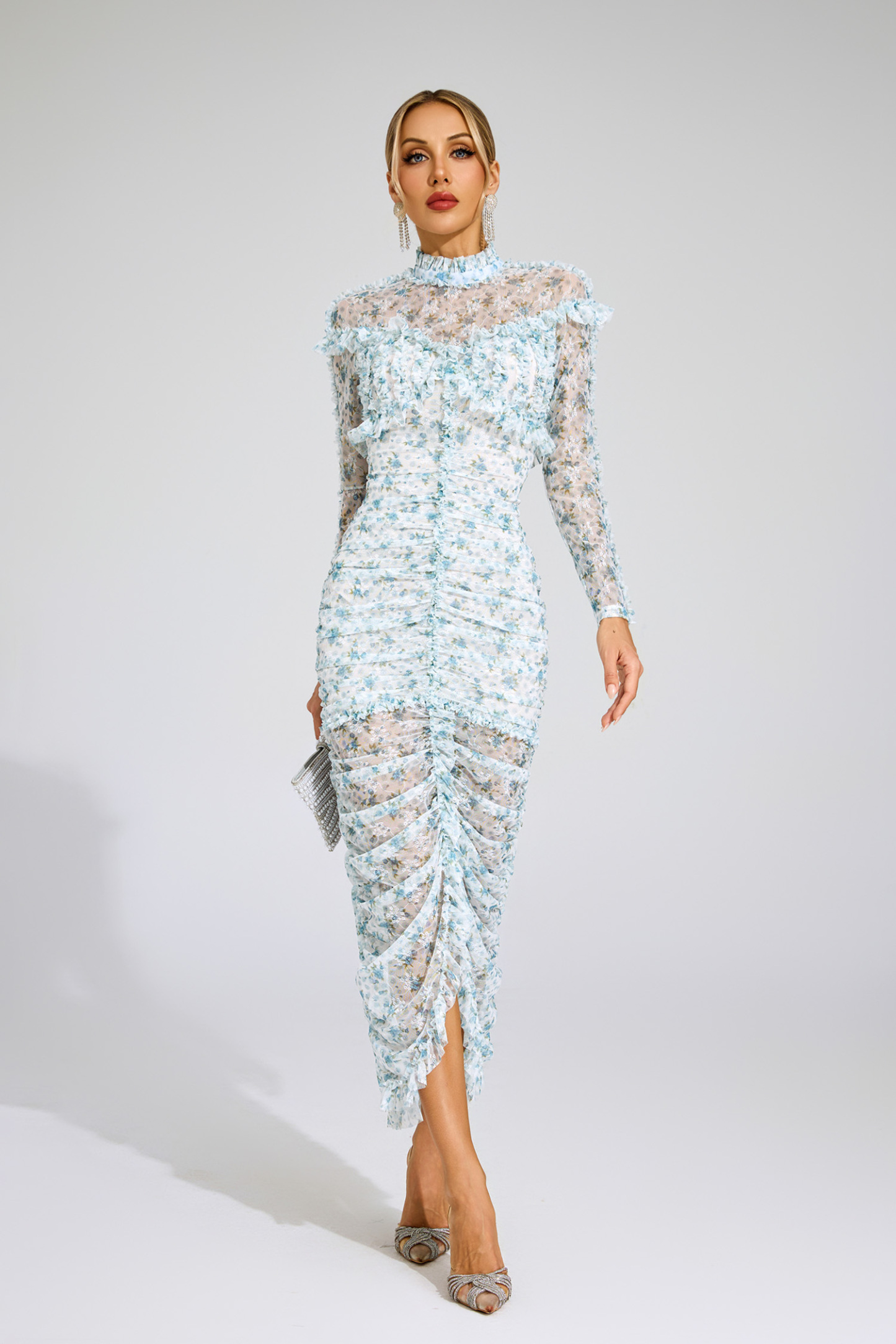 Nell Blue Ruched Floral Long Sleeve Dress