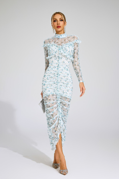 Nell Blue Ruched Floral Long Sleeve Dress