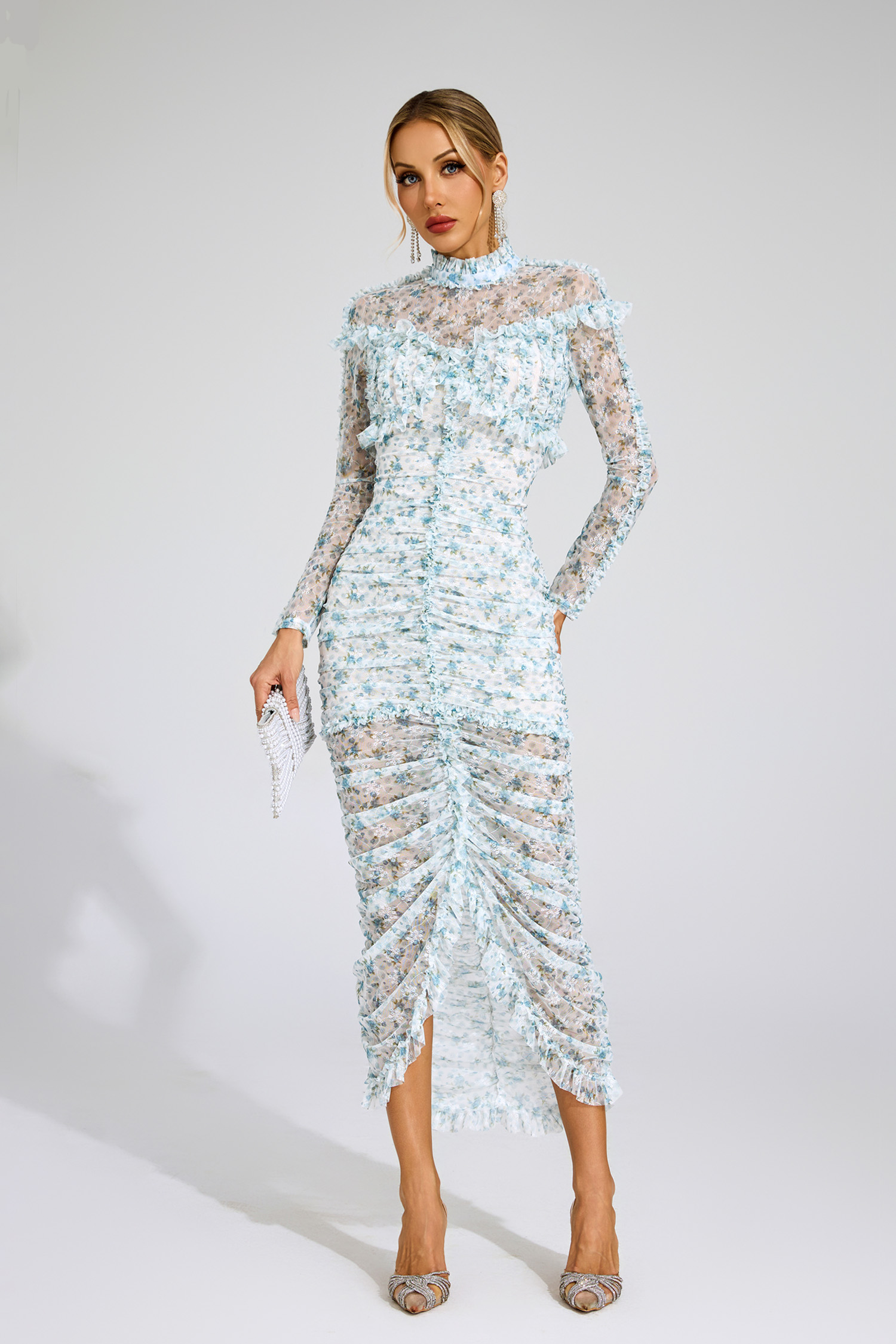 Nell Blue Ruched Floral Long Sleeve Dress