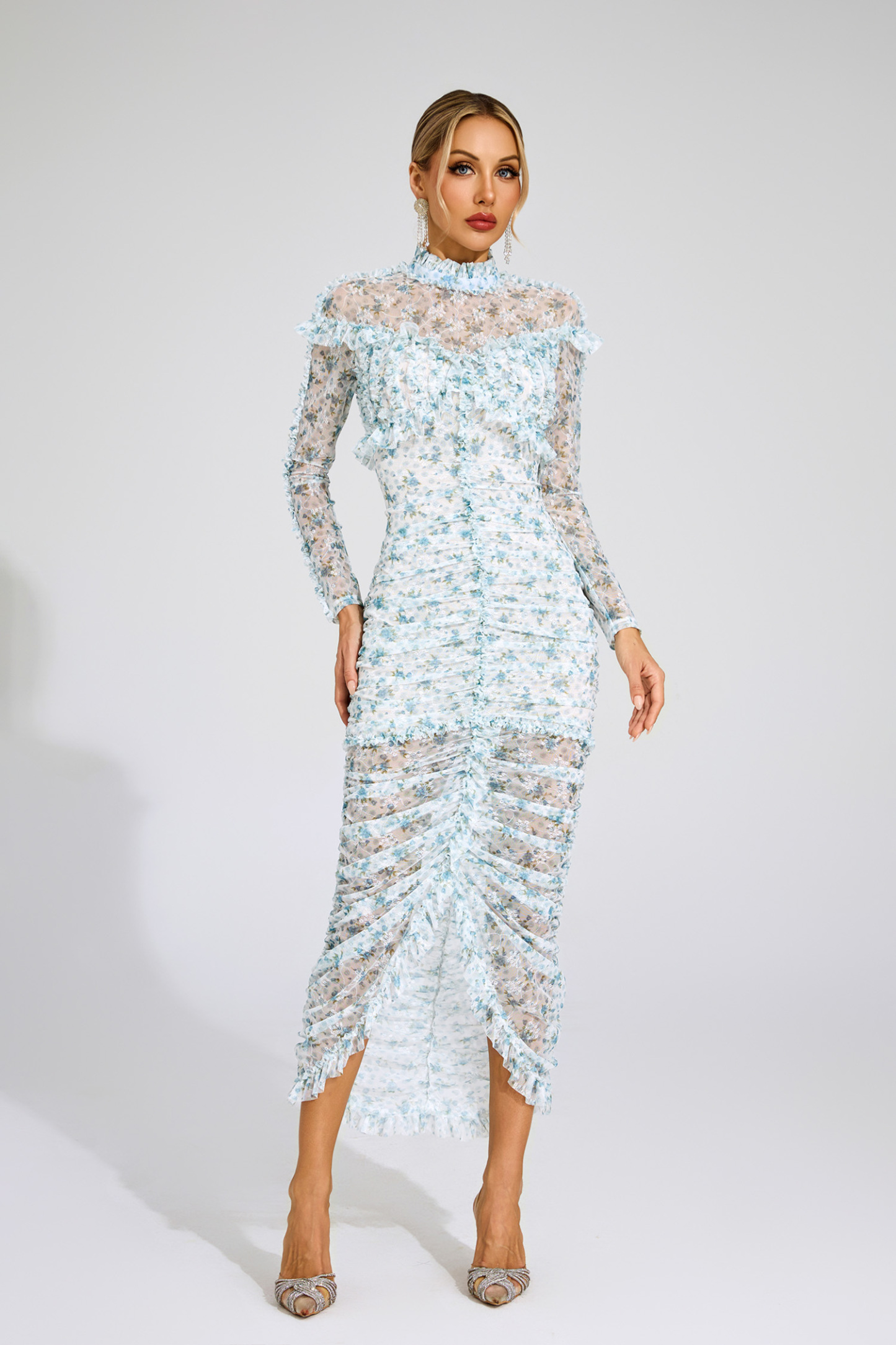 Nell Blue Ruched Floral Long Sleeve Dress