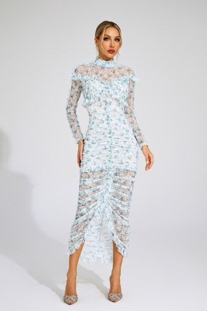 Nell Blue Ruched Floral Long Sleeve Dress
