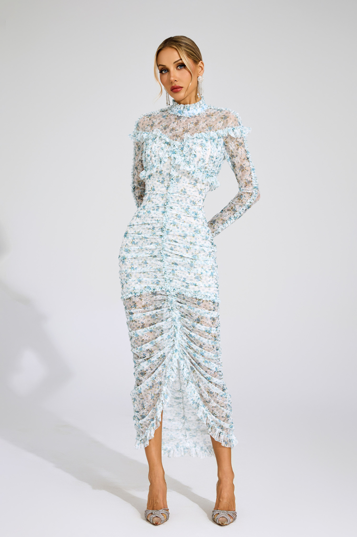 Nell Blue Ruched Floral Long Sleeve Dress