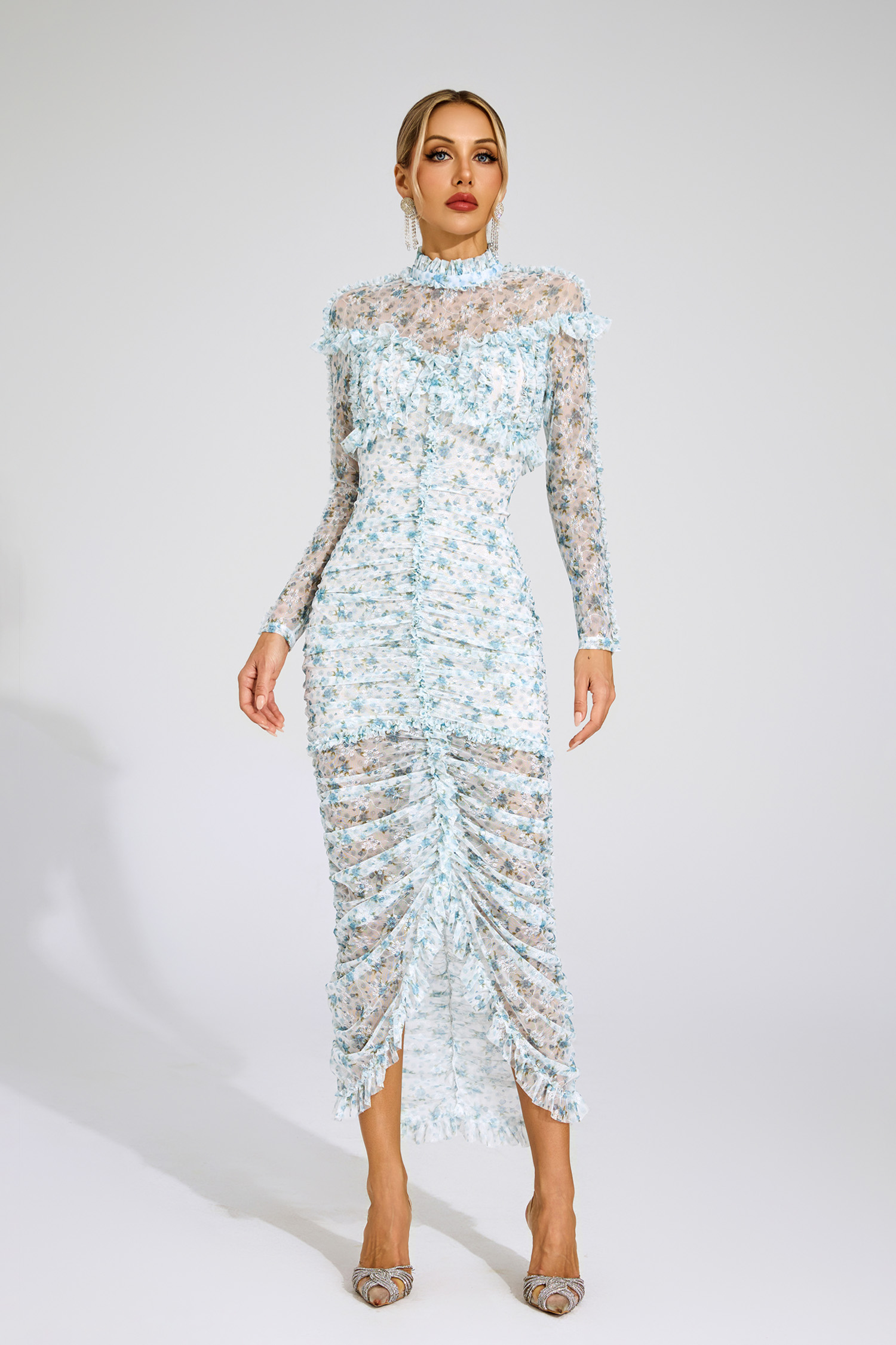 Nell Blue Ruched Floral Long Sleeve Dress