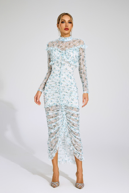 Nell Blue Ruched Floral Long Sleeve Dress