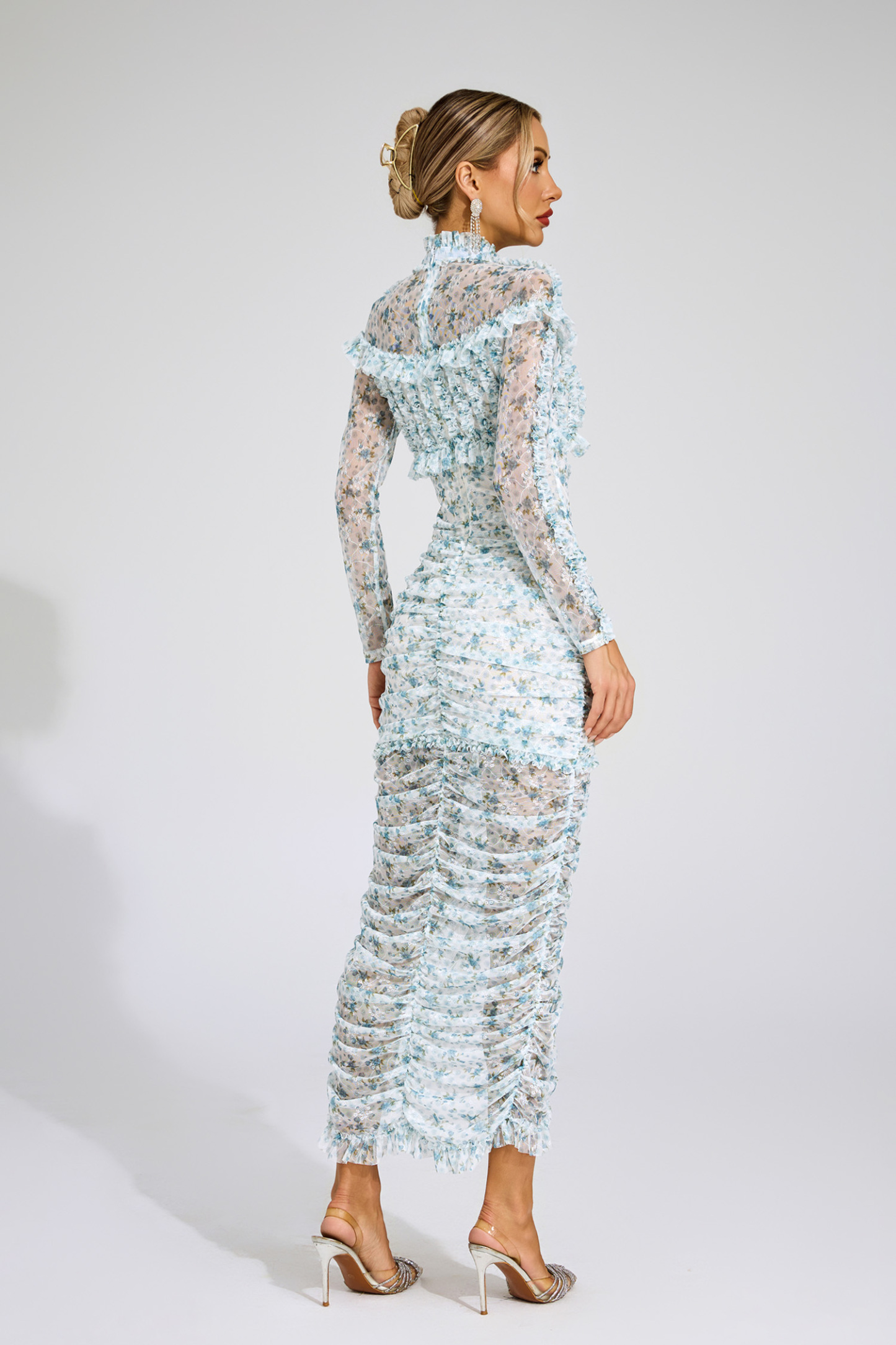 Nell Blue Ruched Floral Long Sleeve Dress