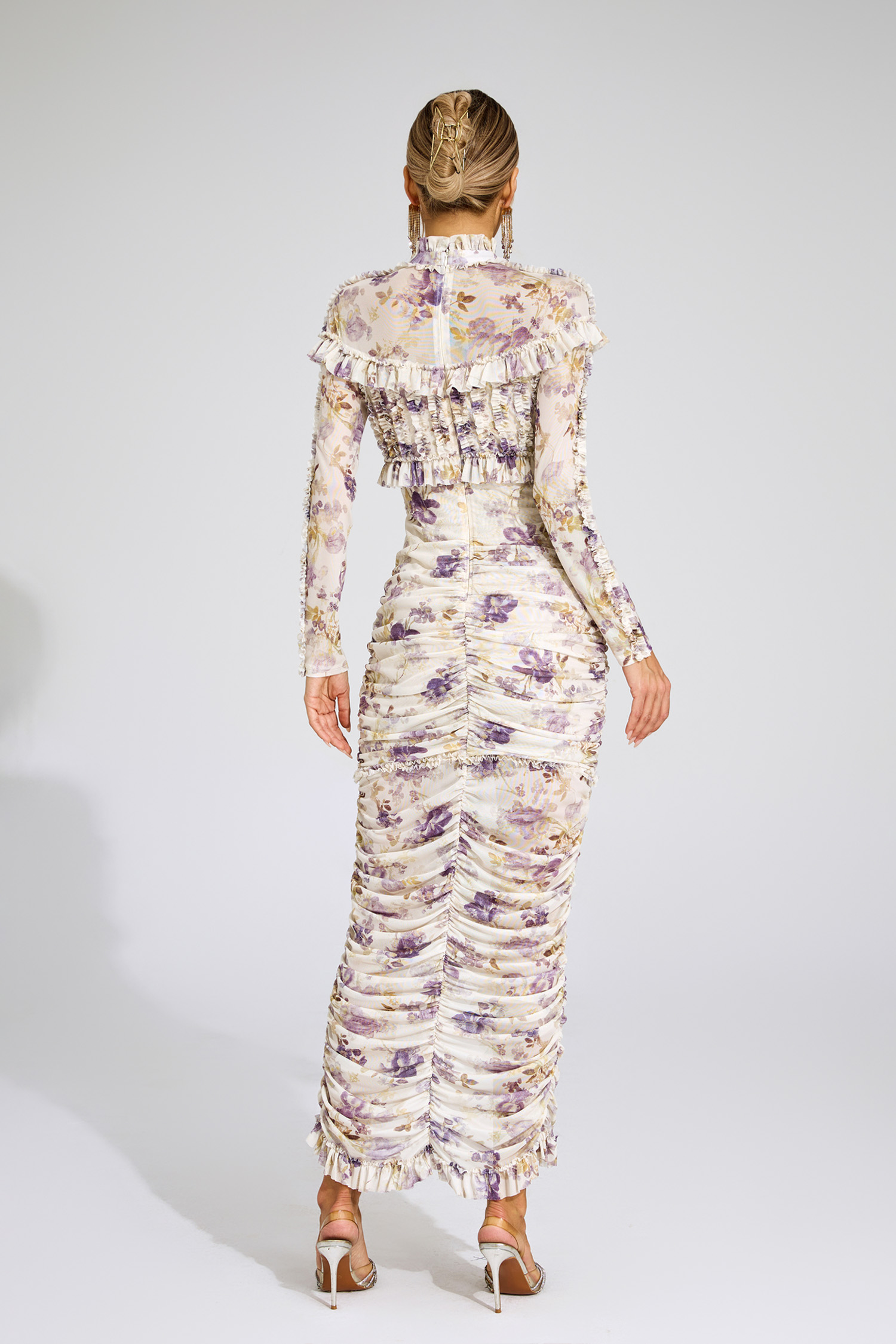 Nell Purple Ruched Floral Long Sleeve Dress