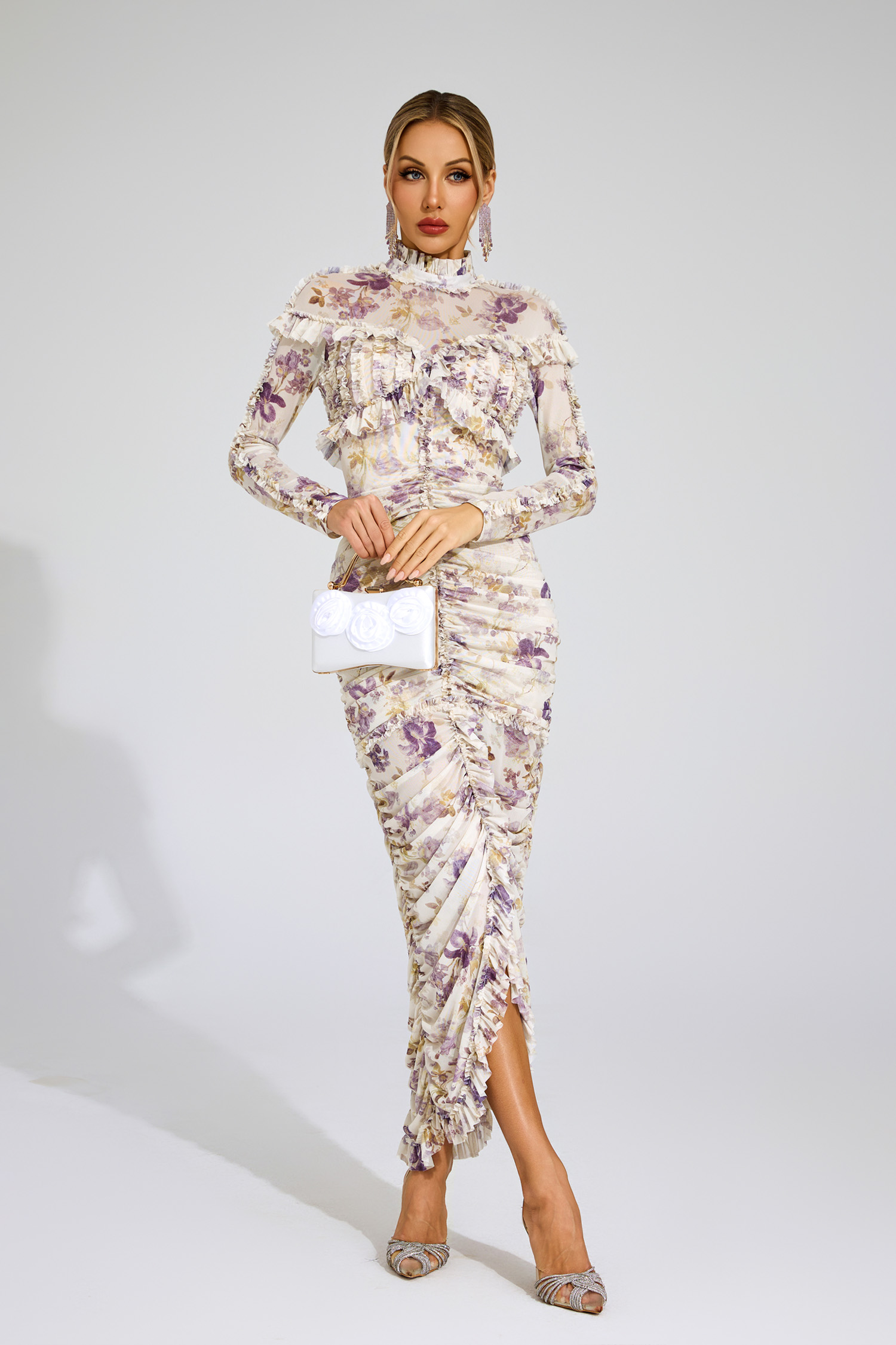 Nell Purple Ruched Floral Long Sleeve Dress