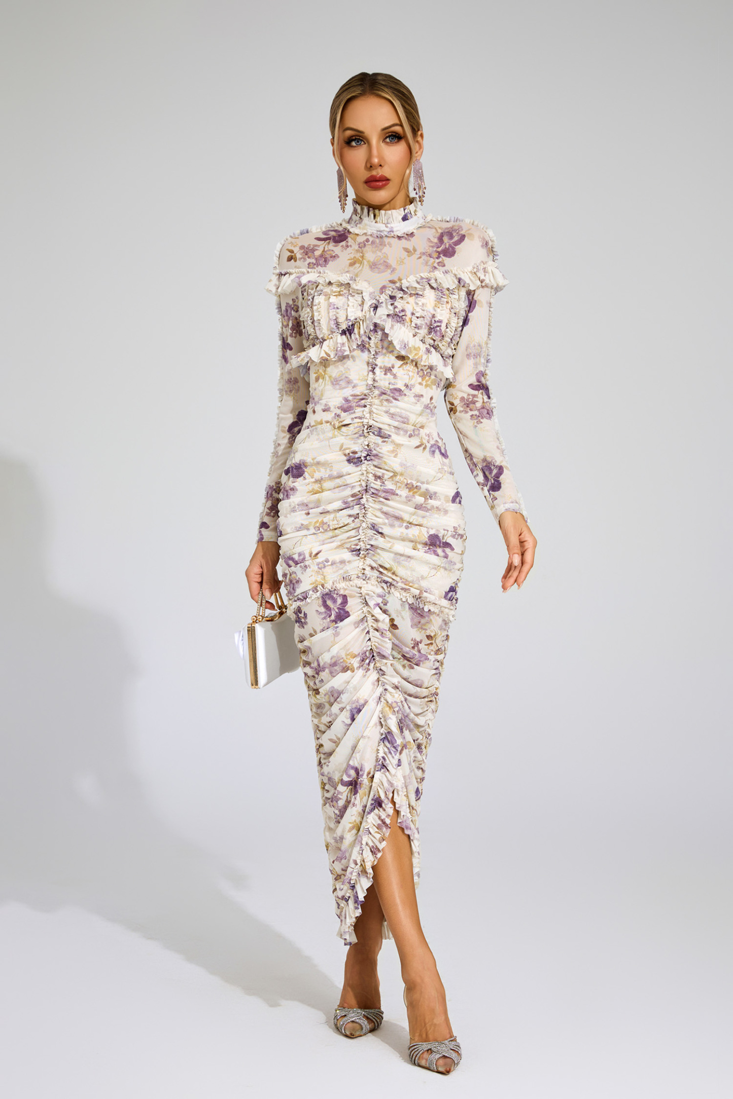 Nell Purple Ruched Floral Long Sleeve Dress