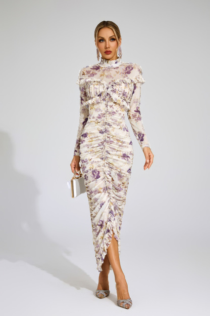 Nell Purple Ruched Floral Long Sleeve Dress