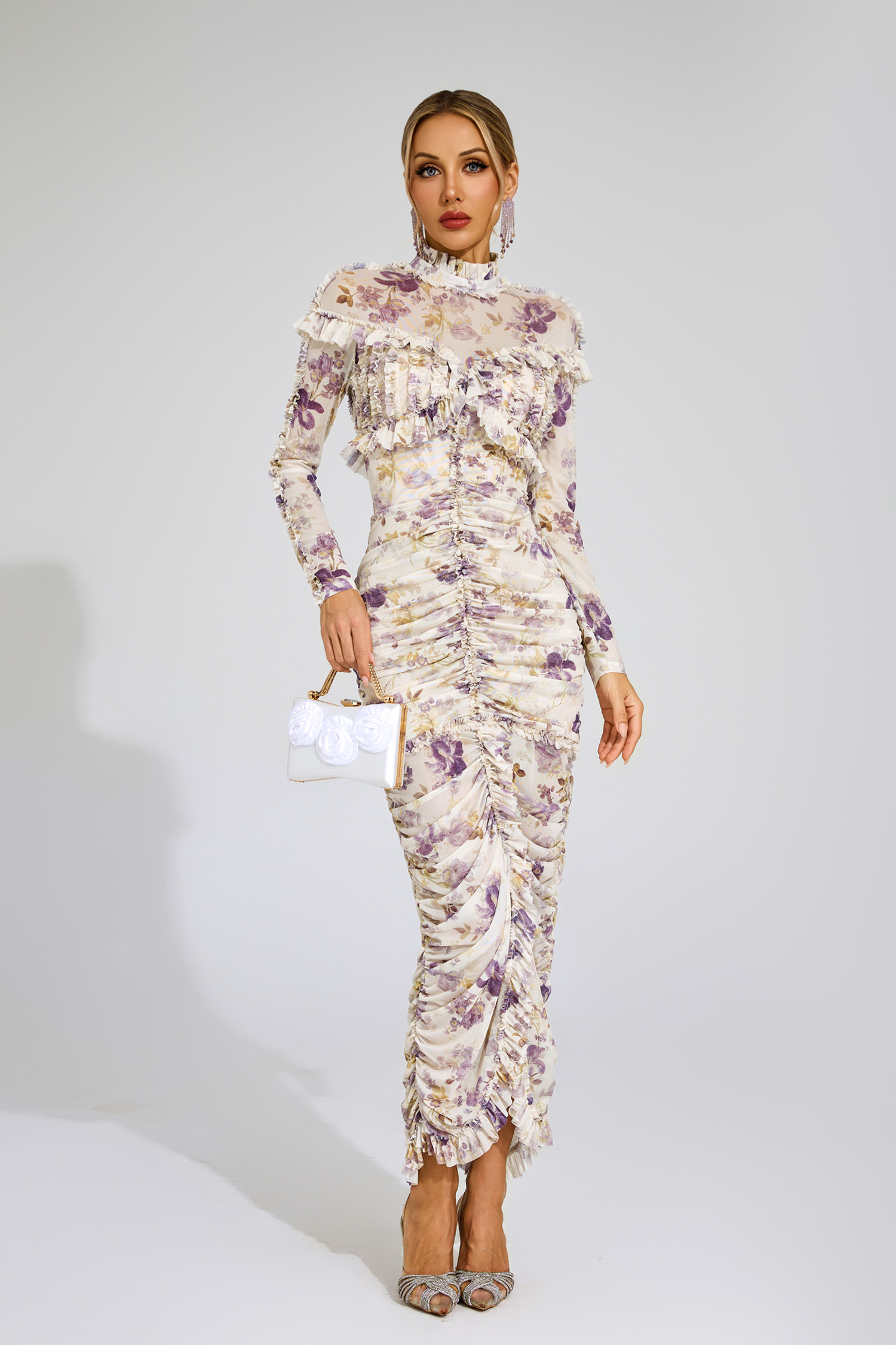 Nell Purple Ruched Floral Long Sleeve Dress