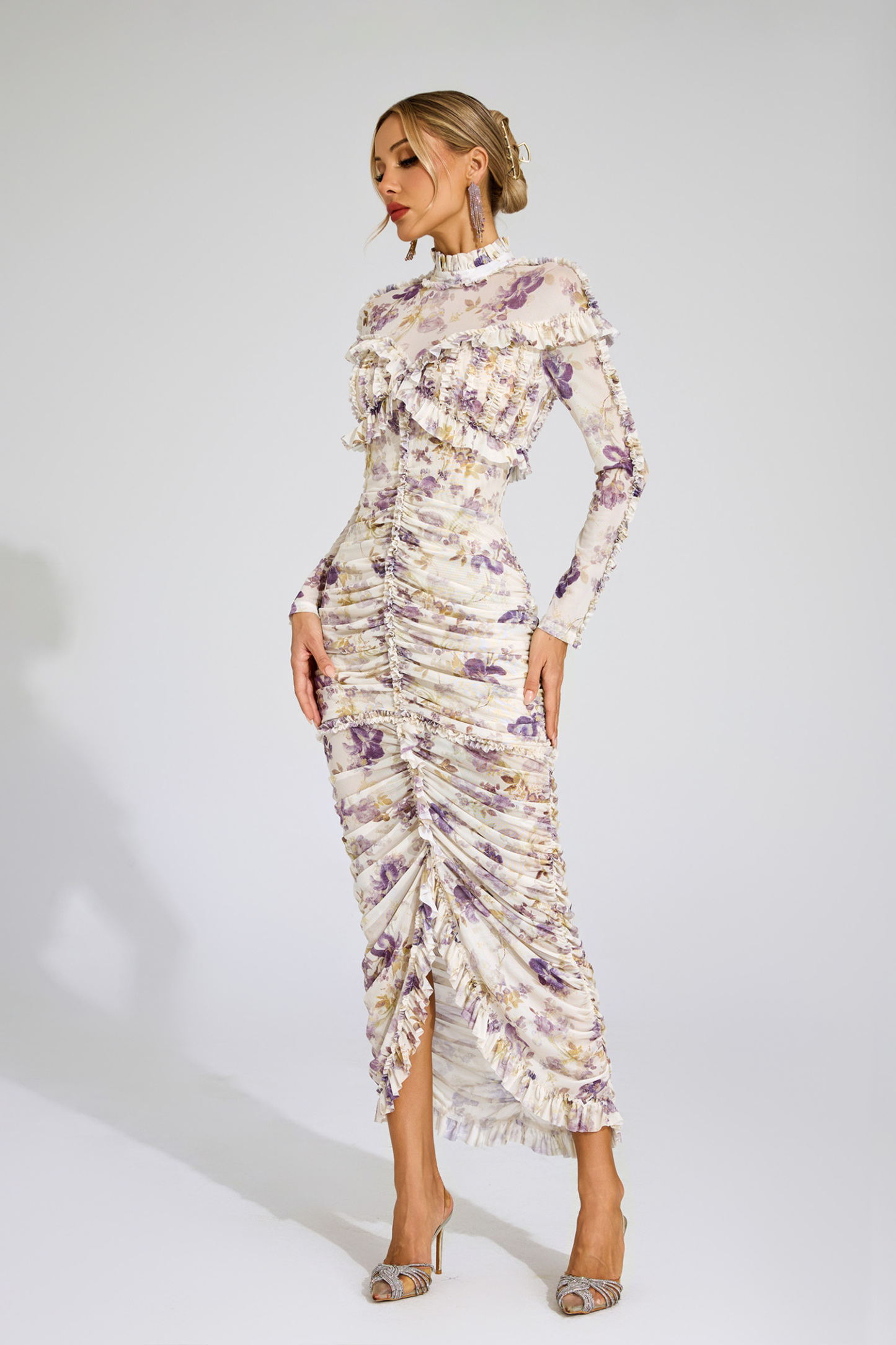 Nell Purple Ruched Floral Long Sleeve Dress