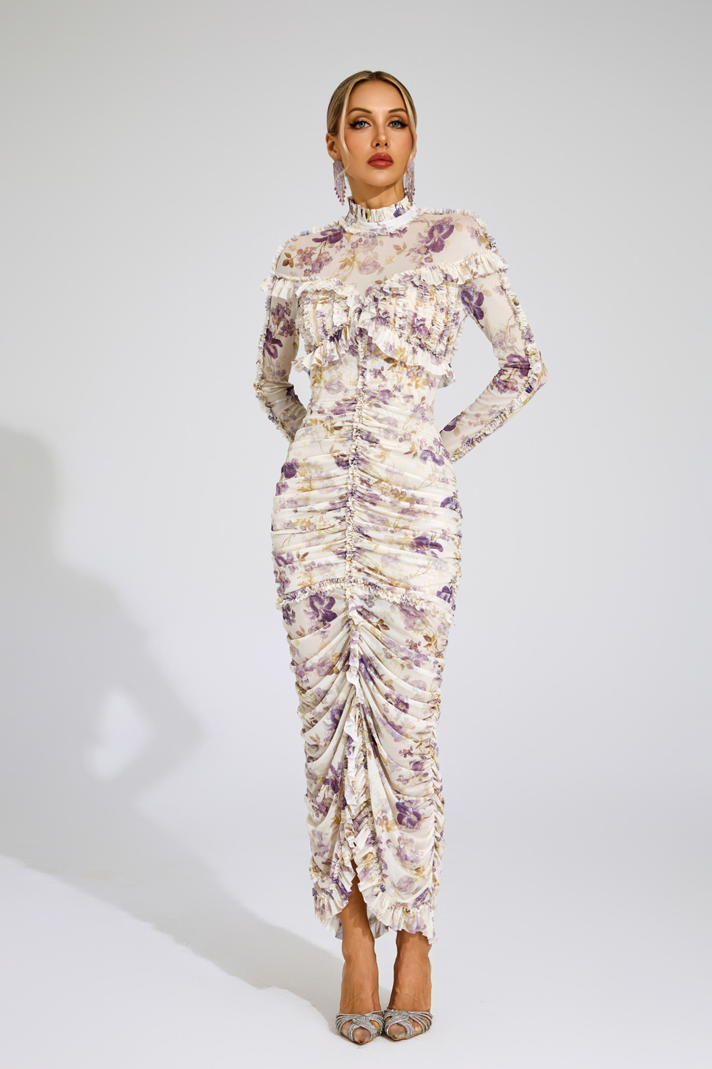 Nell Purple Ruched Floral Long Sleeve Dress