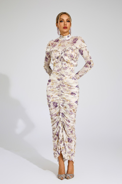Nell Purple Ruched Floral Long Sleeve Dress