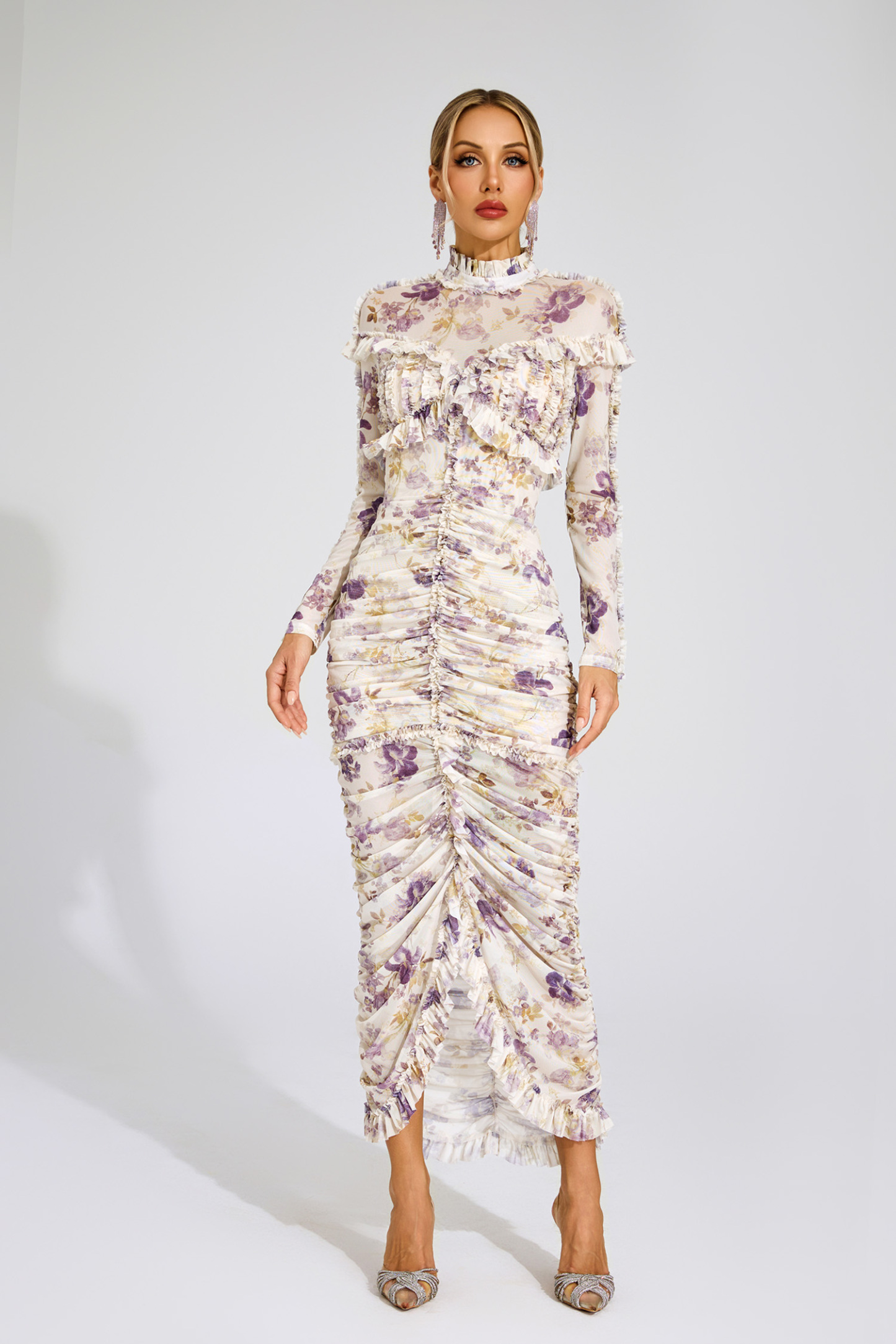 Nell Purple Ruched Floral Long Sleeve Dress