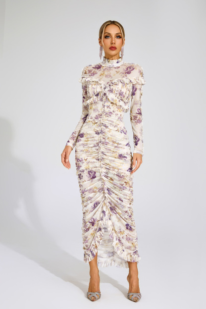 Nell Purple Ruched Floral Long Sleeve Dress