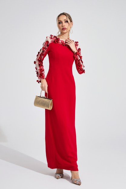 River Red 3D Floral Maxi Dress