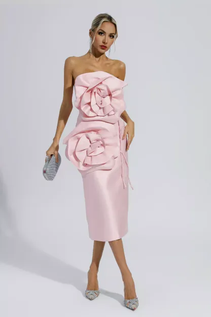 Haydn Pink Floral Strapless Midi Evening Dress