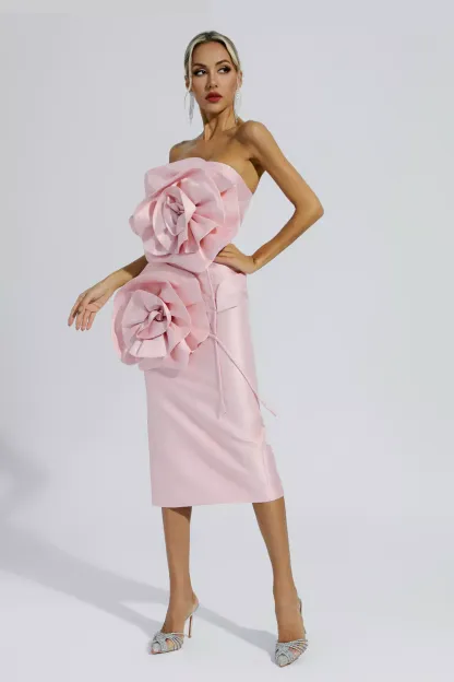 Haydn Pink Floral Strapless Midi Evening Dress