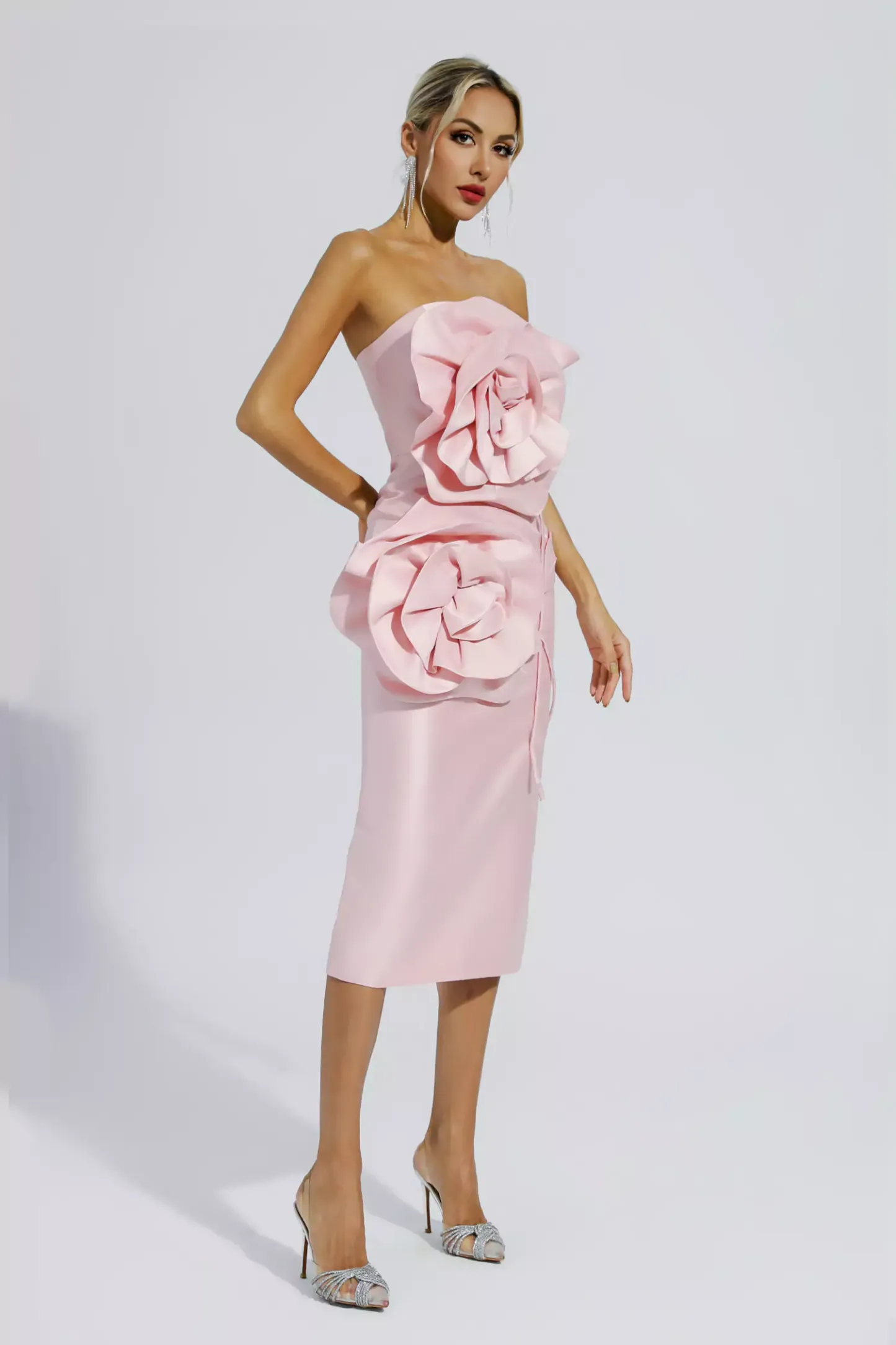 Haydn Pink Floral Strapless Midi Evening Dress