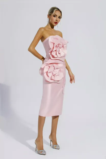 Haydn Pink Floral Strapless Midi Evening Dress