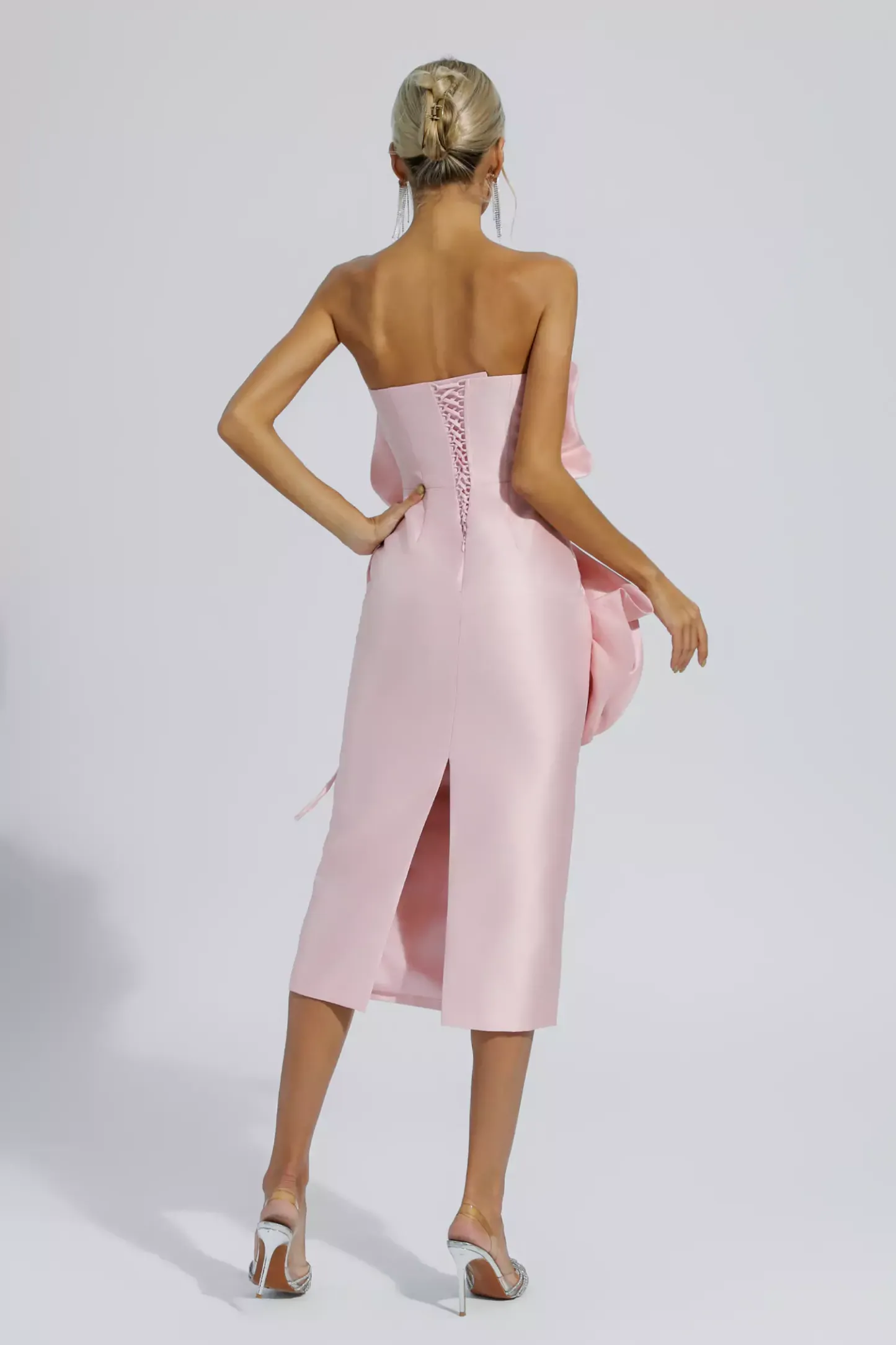 Haydn Pink Floral Strapless Midi Evening Dress