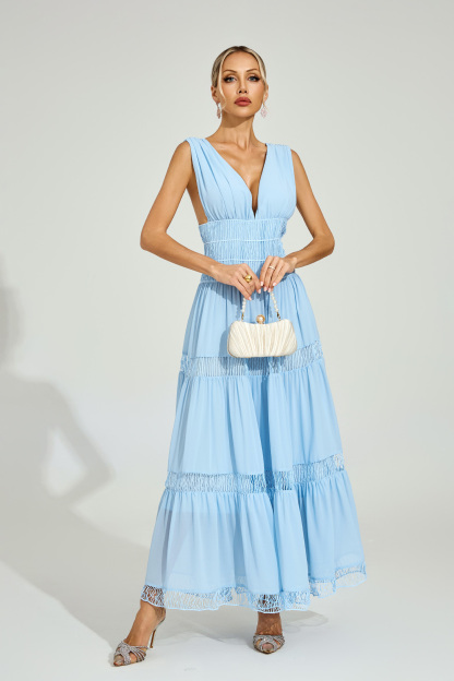 Frederick Light Blue Tiered Maxi Dress