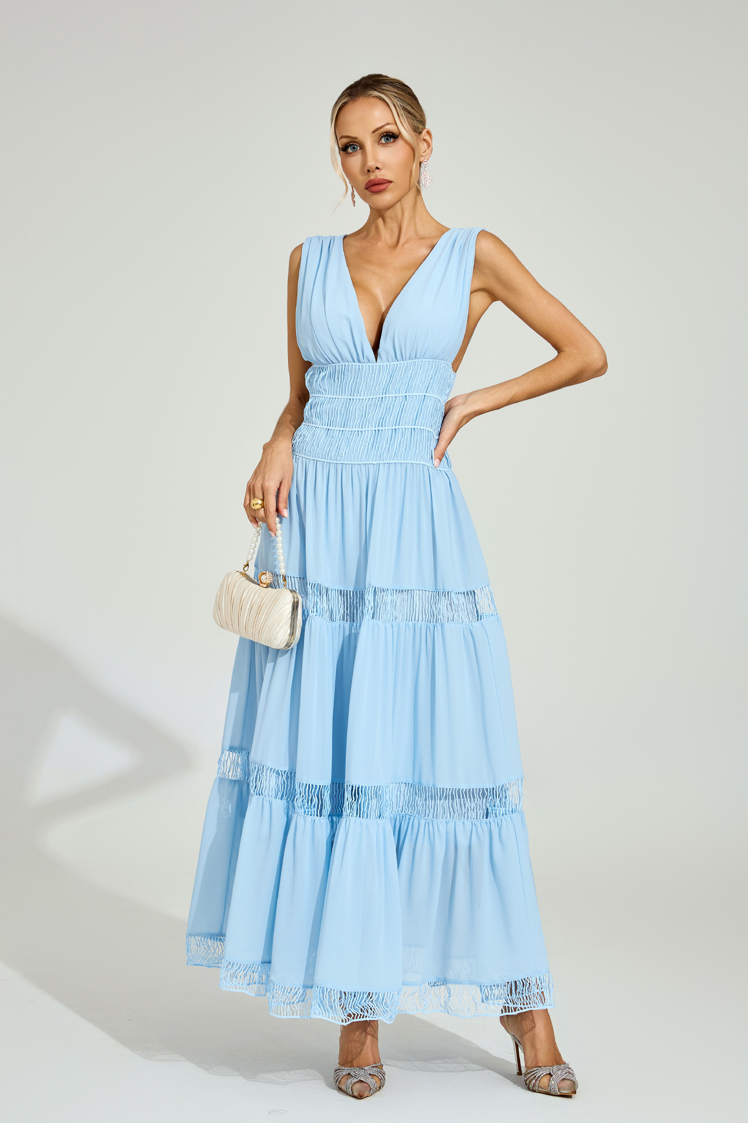 Frederick Light Blue Tiered Maxi Dress