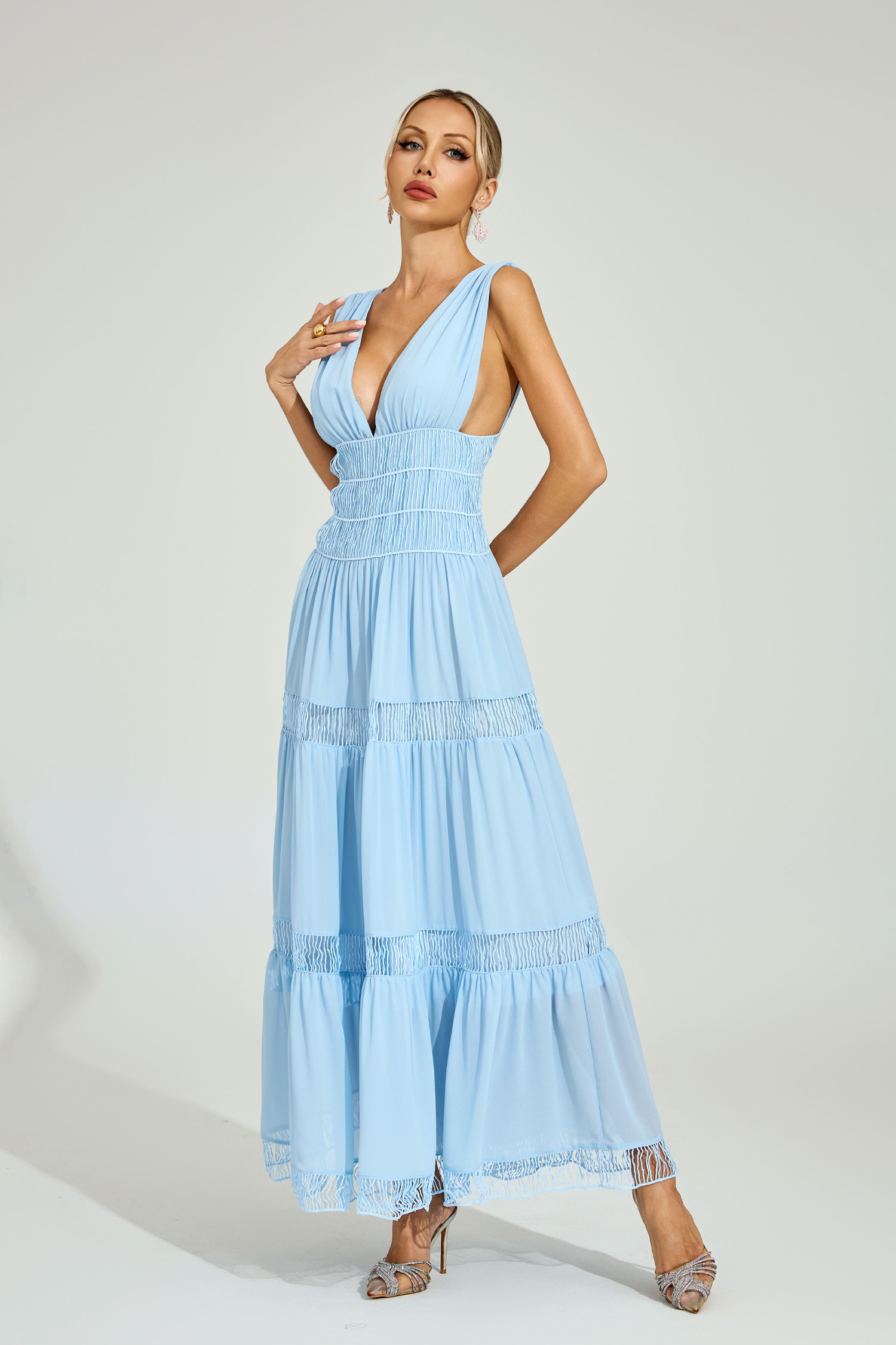 Frederick Light Blue Tiered Maxi Dress