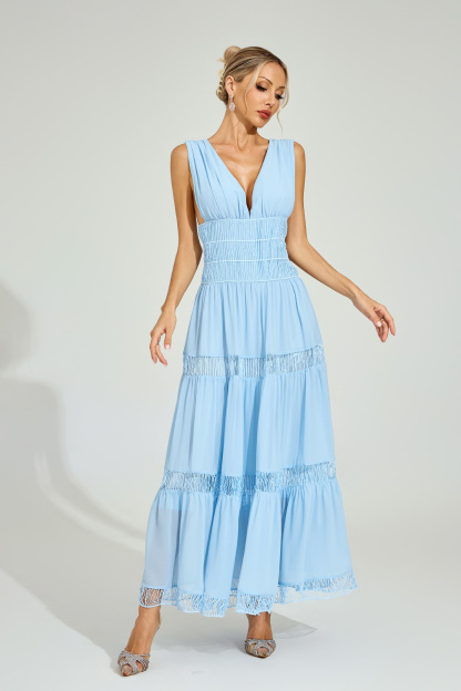 Frederick Light Blue Tiered Maxi Dress