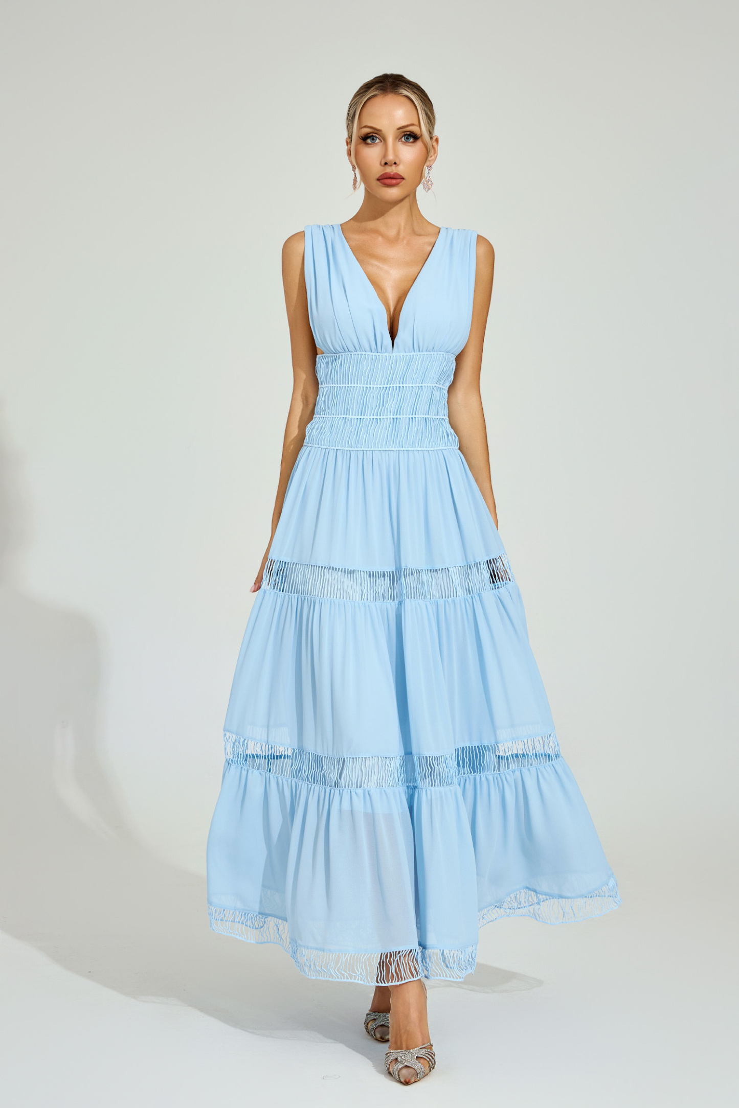 Frederick Light Blue Tiered Maxi Dress