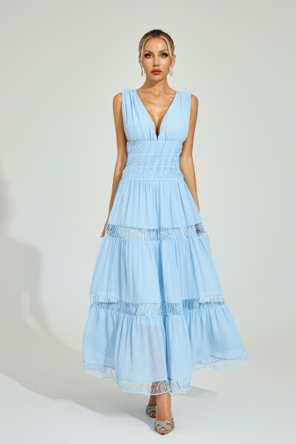 Frederick Light Blue Tiered Maxi Dress