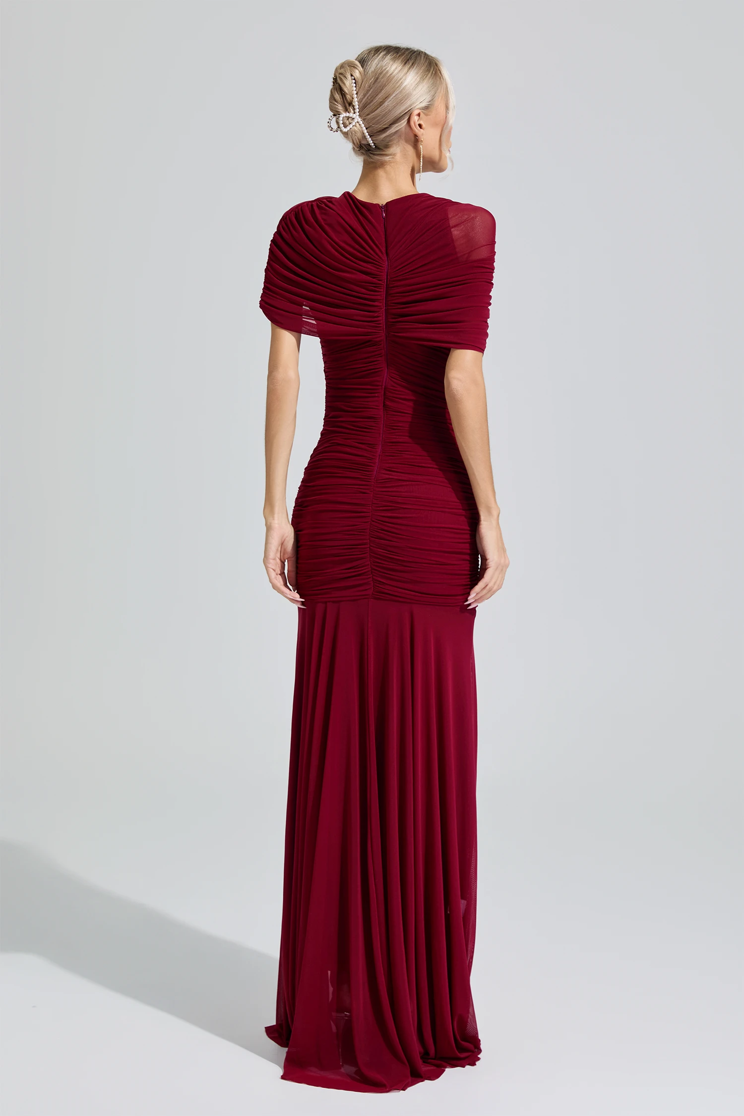 Nut Red Slim Fit Ruched Bodycon Maxi Dress