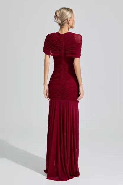 Nut Red Slim Fit Ruched Bodycon Maxi Dress