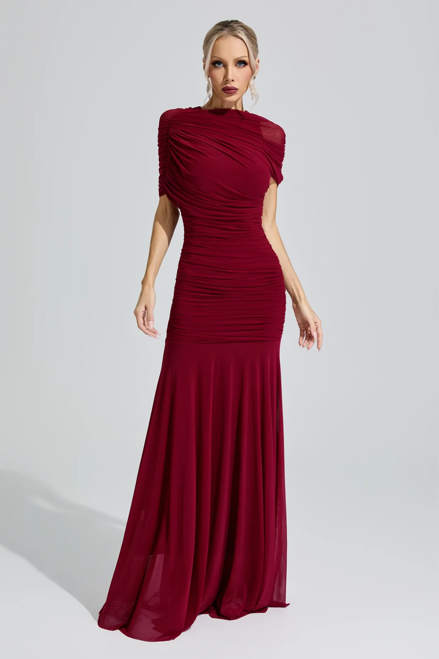Nut Red Slim Fit Ruched Bodycon Maxi Dress