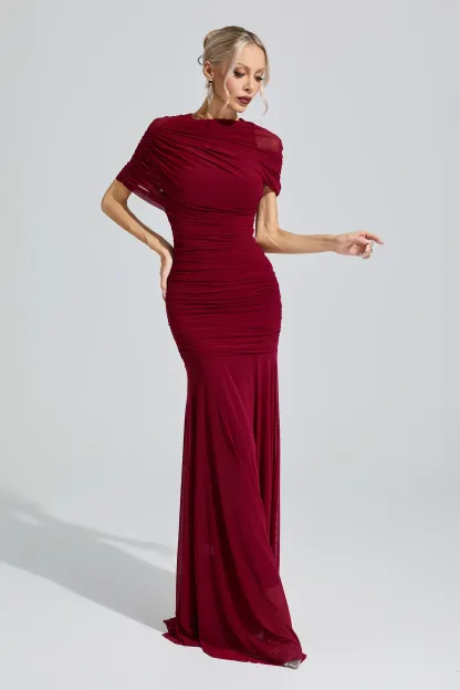 Nut Red Slim Fit Ruched Bodycon Maxi Dress