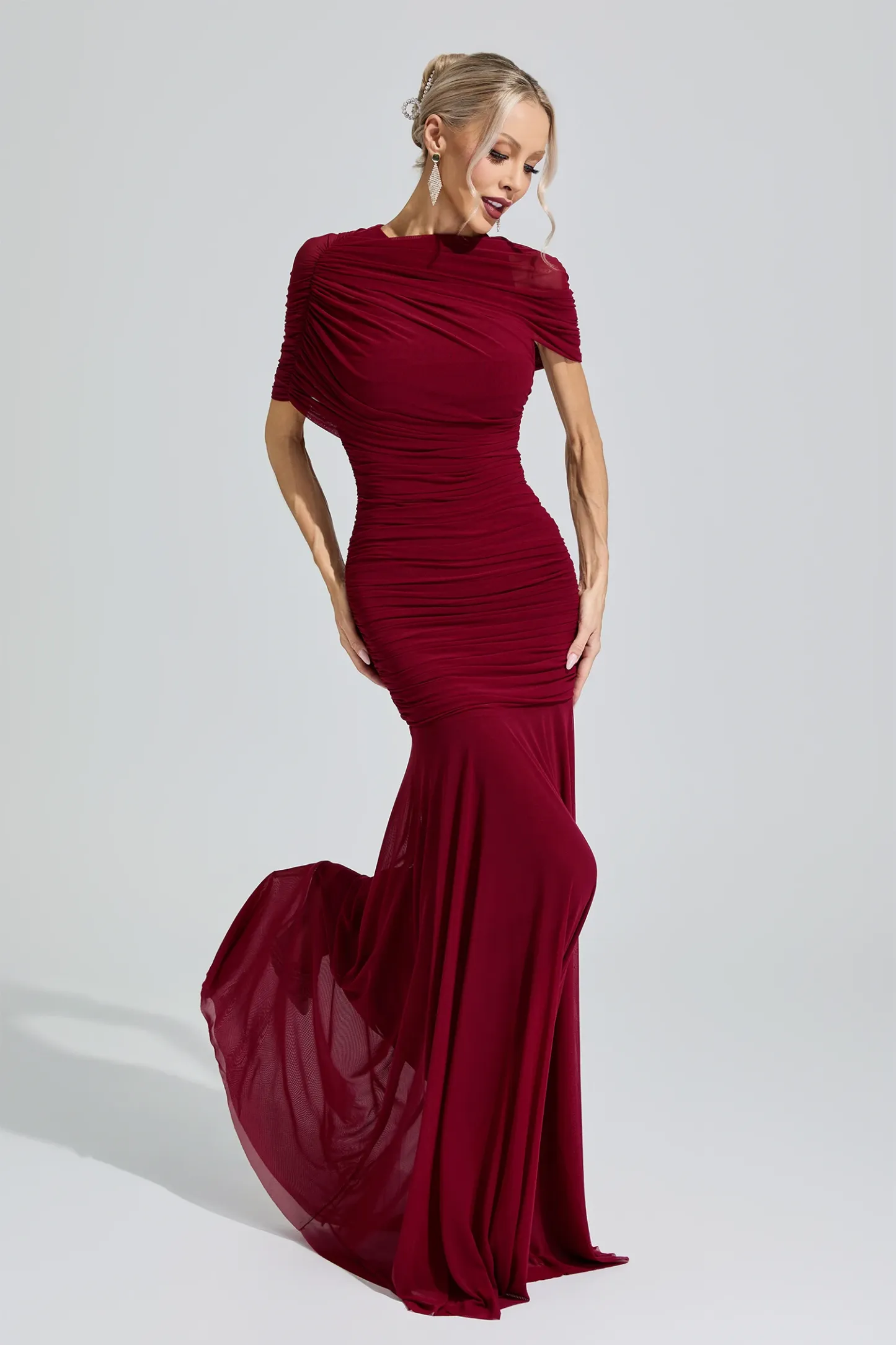 Nut Red Slim Fit Ruched Bodycon Maxi Dress