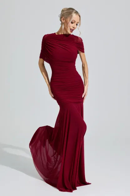 Nut Red Slim Fit Ruched Bodycon Maxi Dress