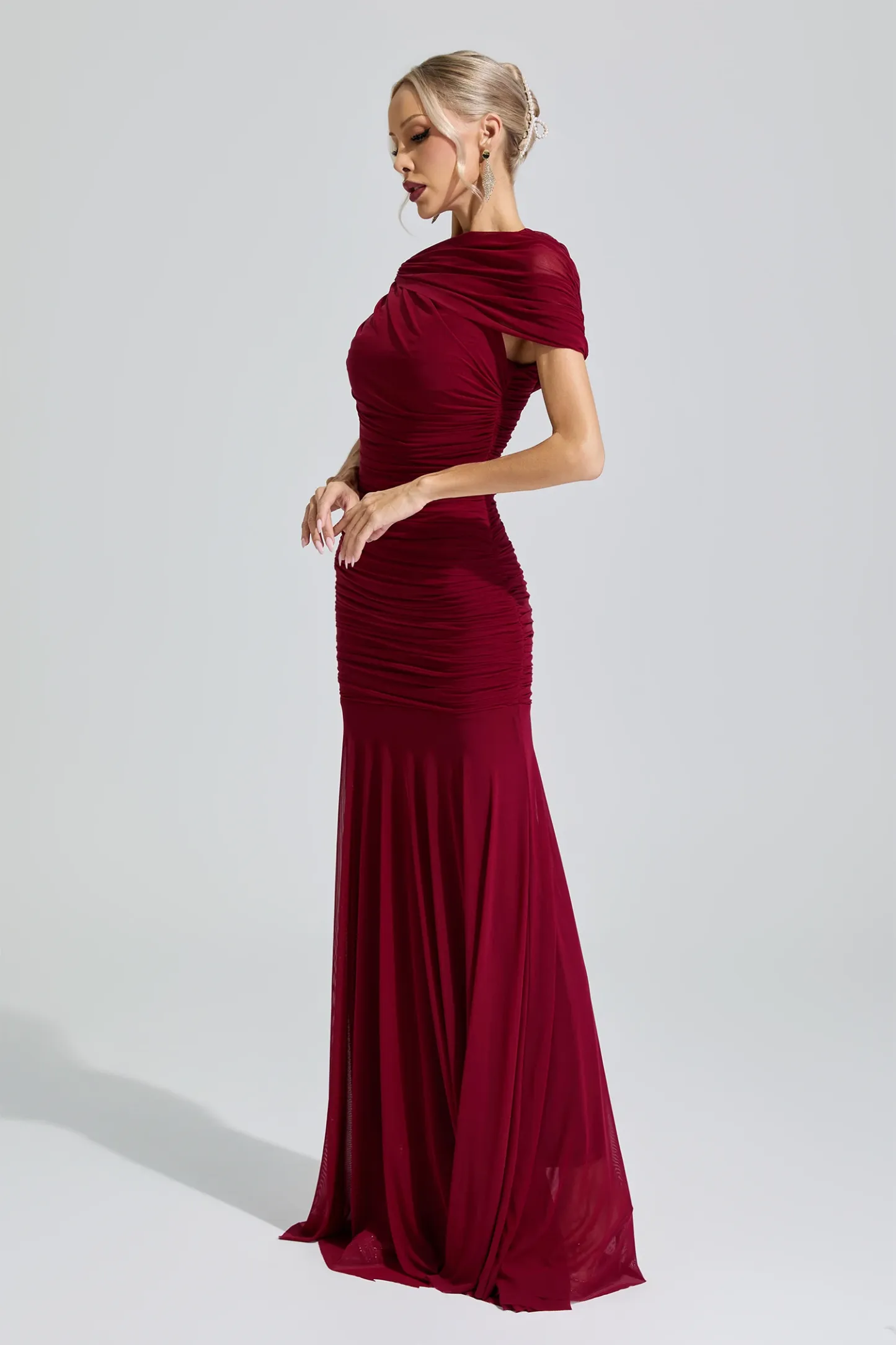 Nut Red Slim Fit Ruched Bodycon Maxi Dress