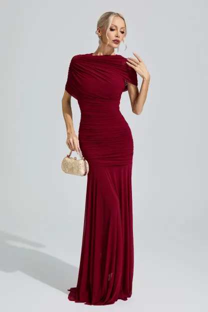 Nut Red Slim Fit Ruched Bodycon Maxi Dress