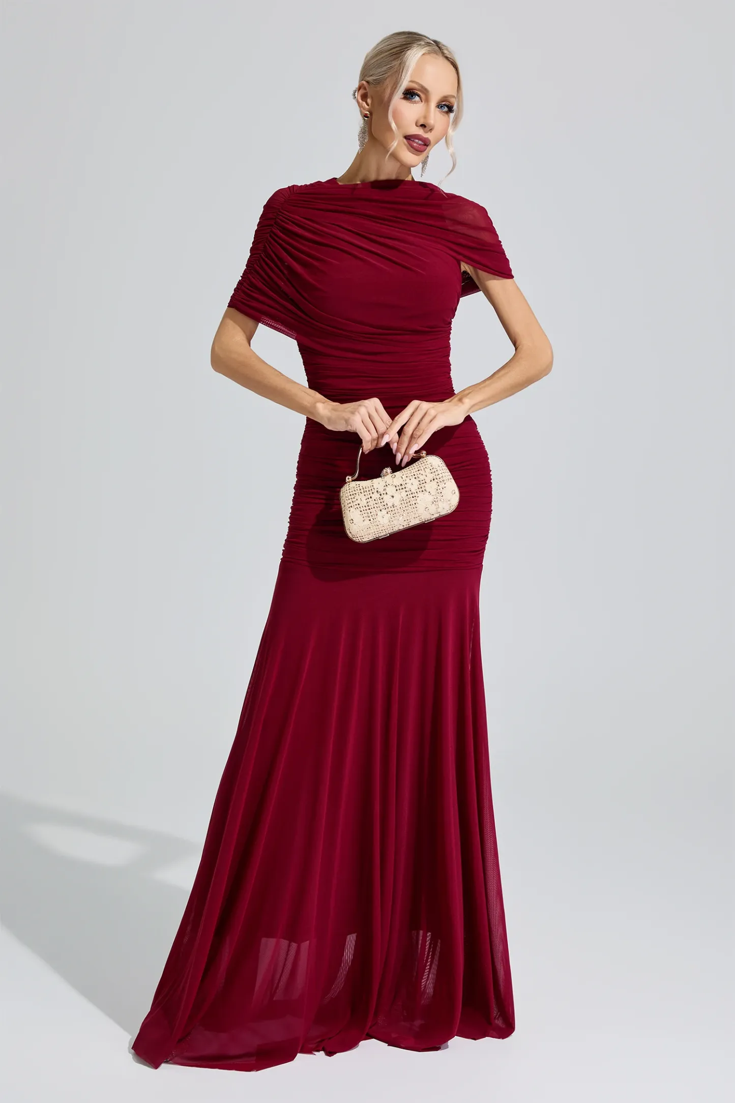 Nut Red Slim Fit Ruched Bodycon Maxi Dress