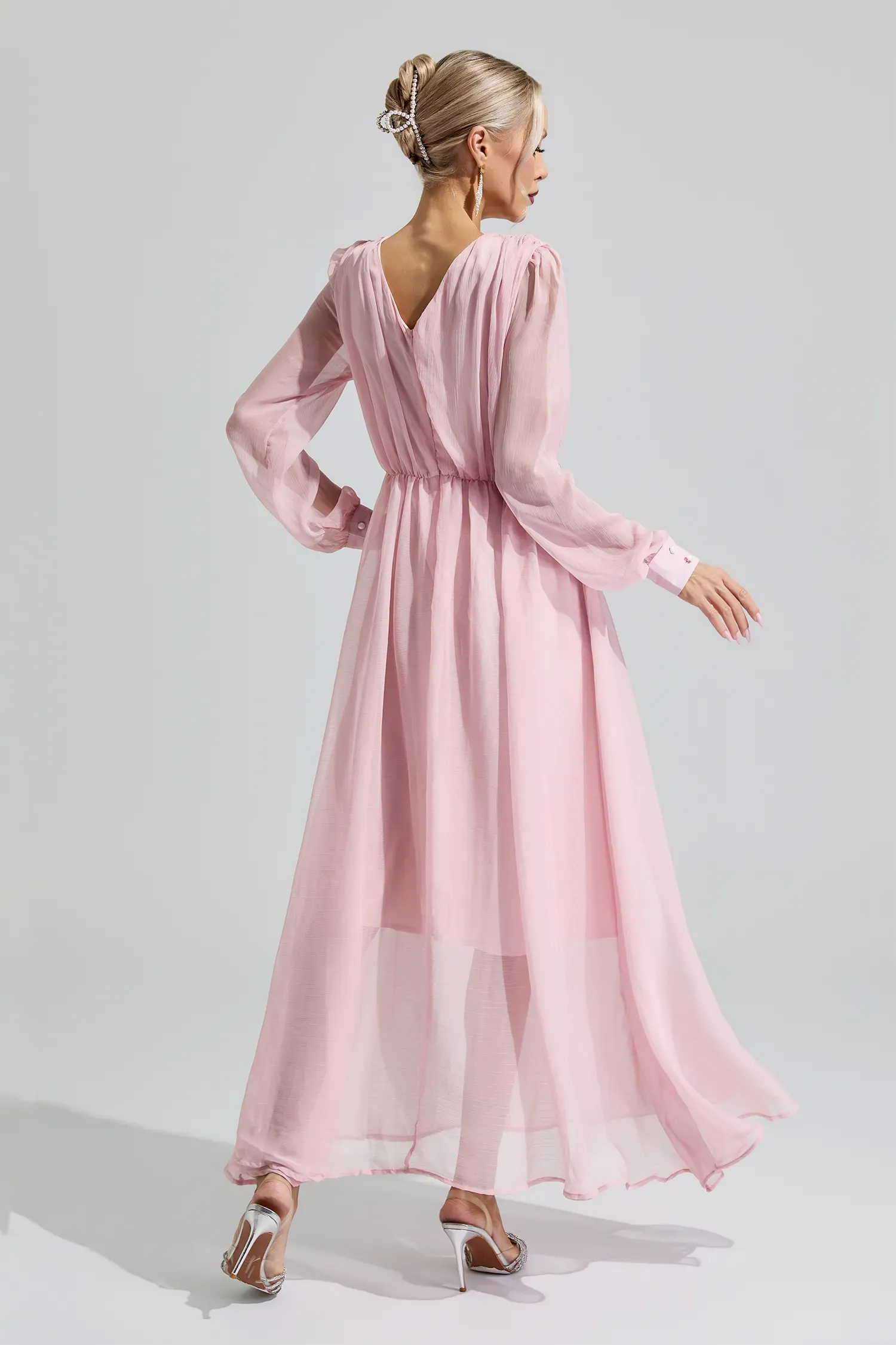 Sobekneferu Pink Rhinestone Ruched Maxi Dress