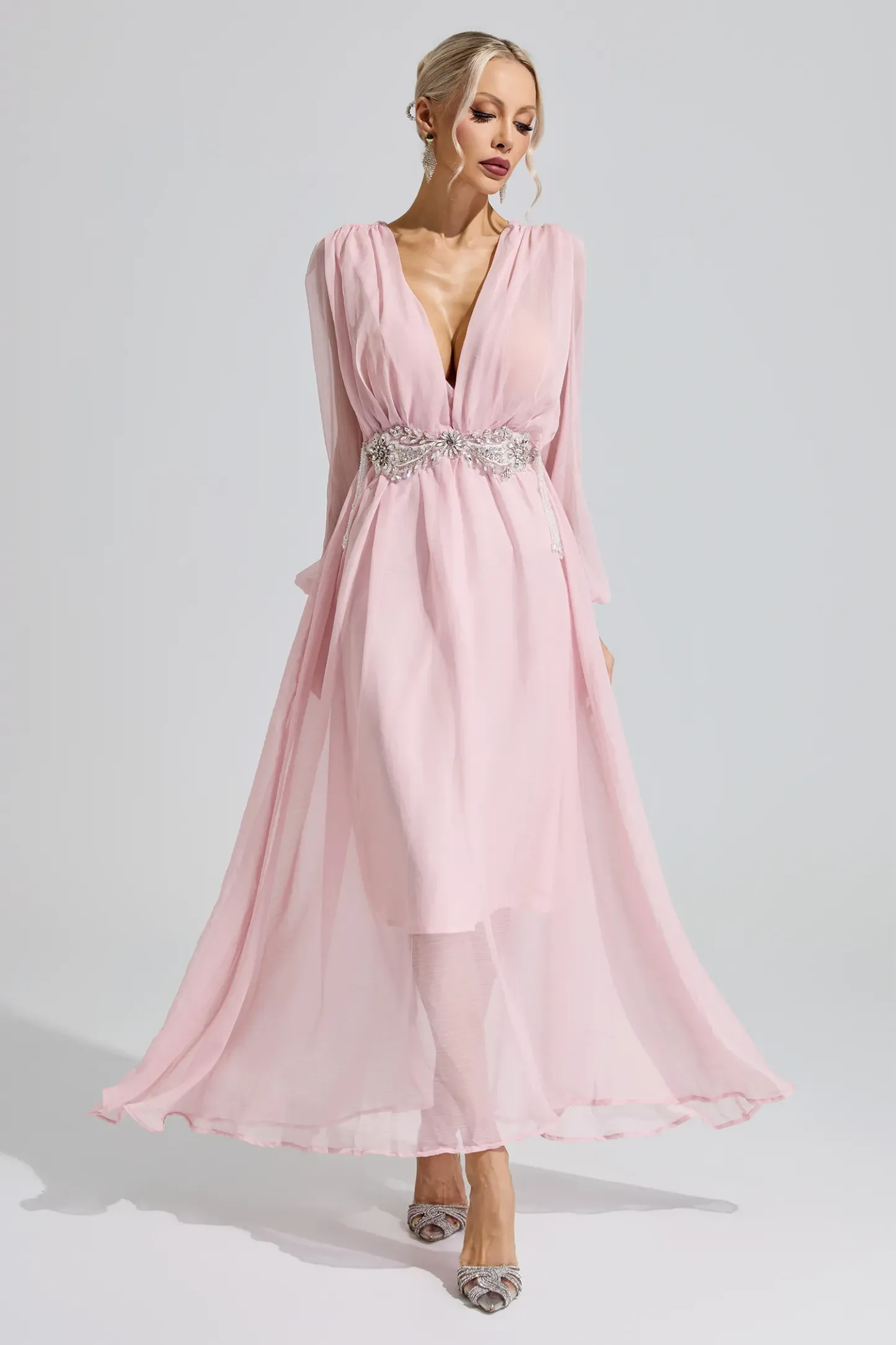 Sobekneferu Pink Rhinestone Ruched Maxi Dress