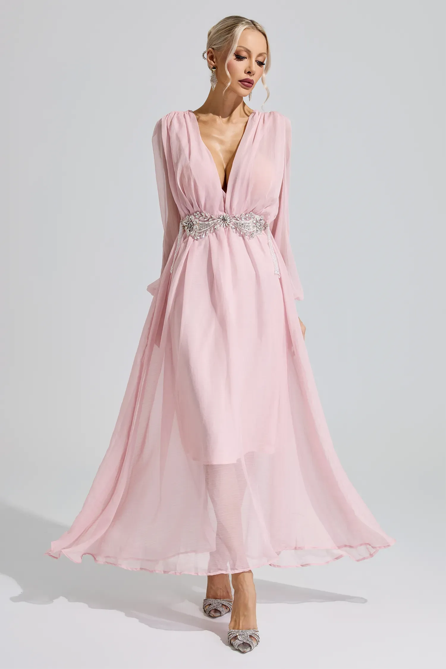 Sobekneferu Pink Rhinestone Ruched Maxi Dress
