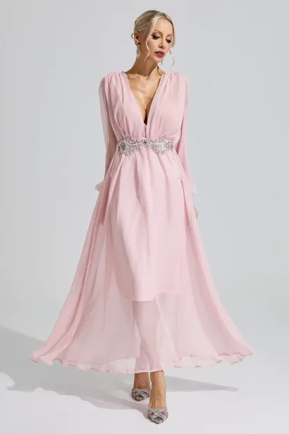 Sobekneferu Pink Rhinestone Ruched Maxi Dress
