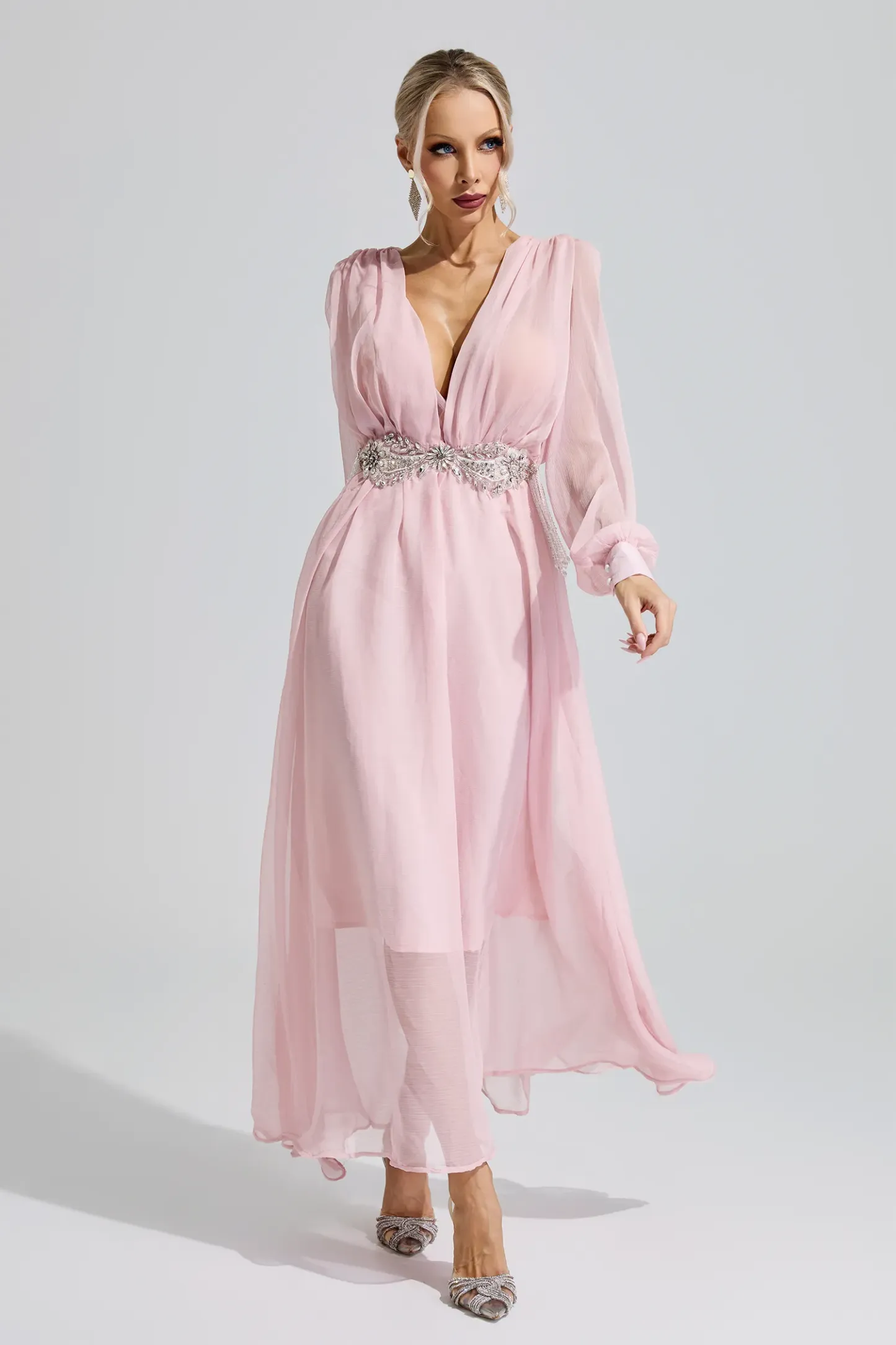 Sobekneferu Pink Rhinestone Ruched Maxi Dress