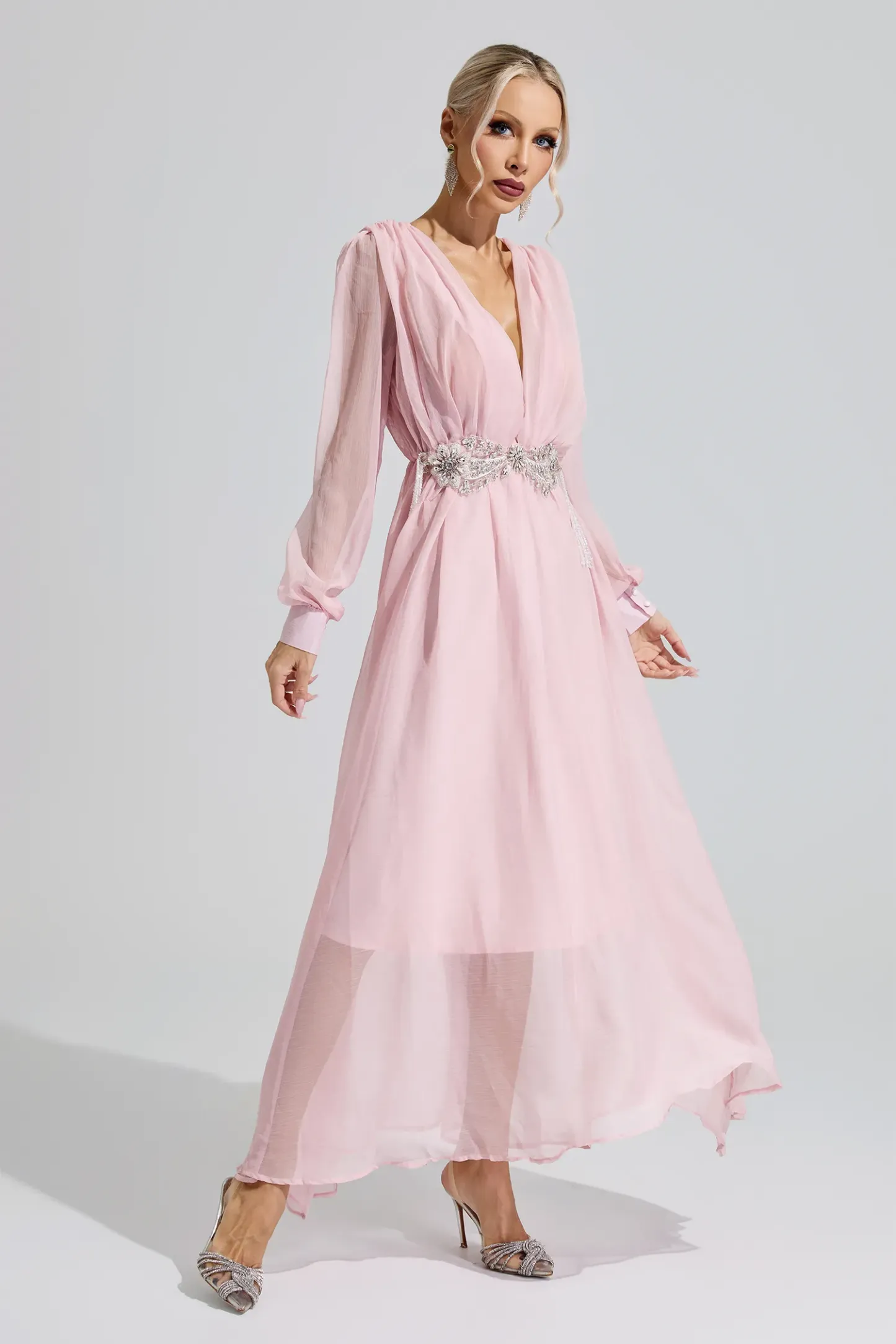 Sobekneferu Pink Rhinestone Ruched Maxi Dress