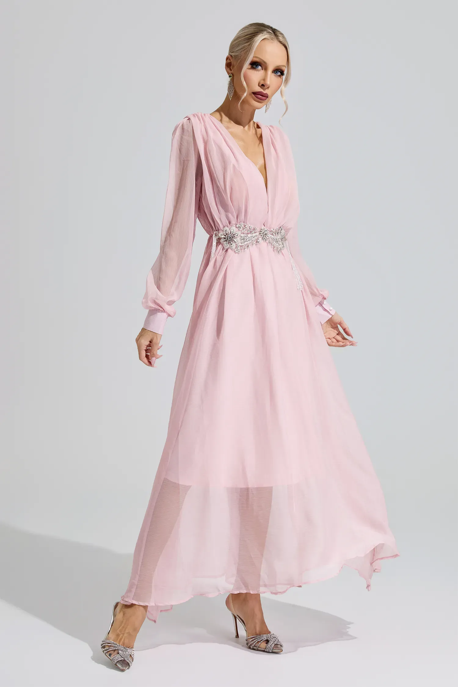Sobekneferu Pink Rhinestone Ruched Maxi Dress