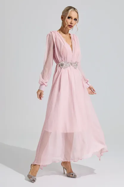 Sobekneferu Pink Rhinestone Ruched Maxi Dress
