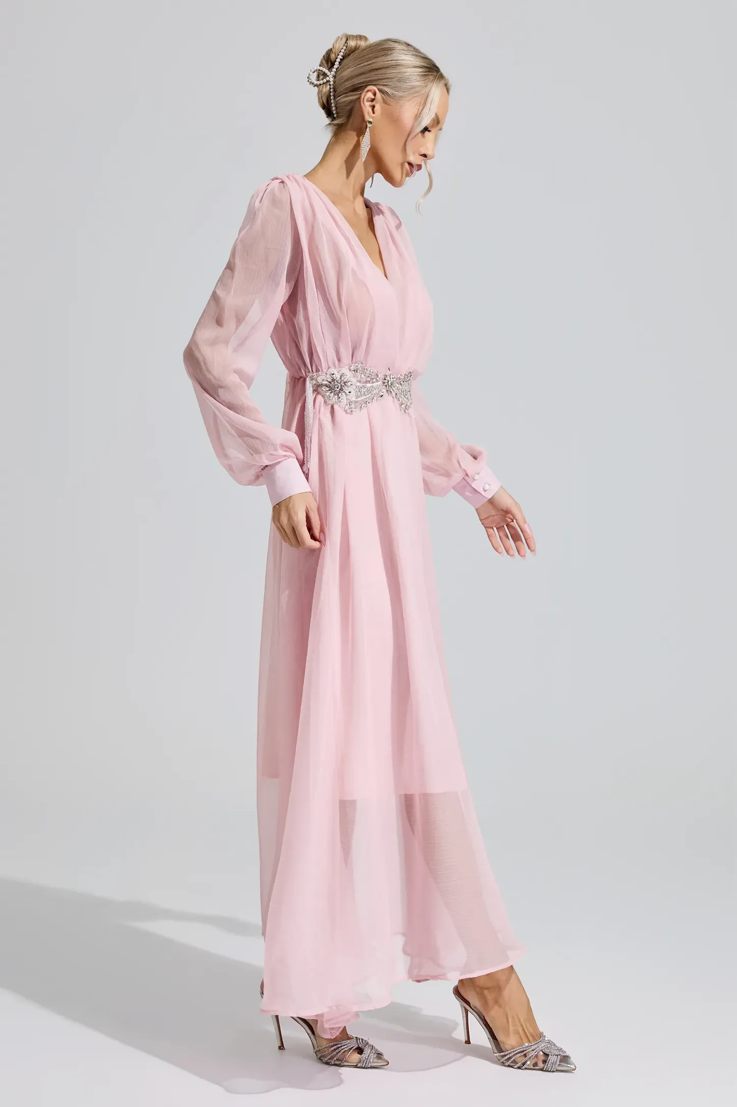 Sobekneferu Pink Rhinestone Ruched Maxi Dress